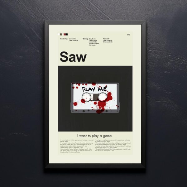 Mid-century modern style Saw movie poster featuring iconic house illustration