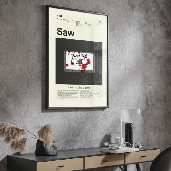 Mid-century modern style Saw movie poster featuring iconic house illustration