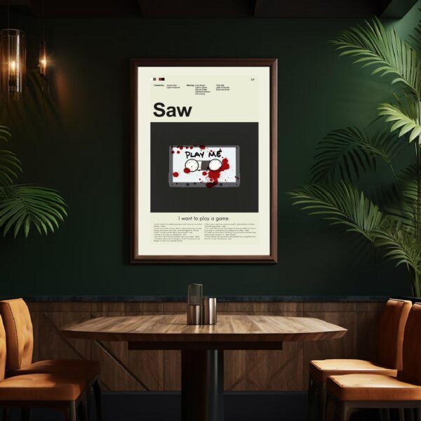Mid-century modern style Saw movie poster featuring iconic house illustration