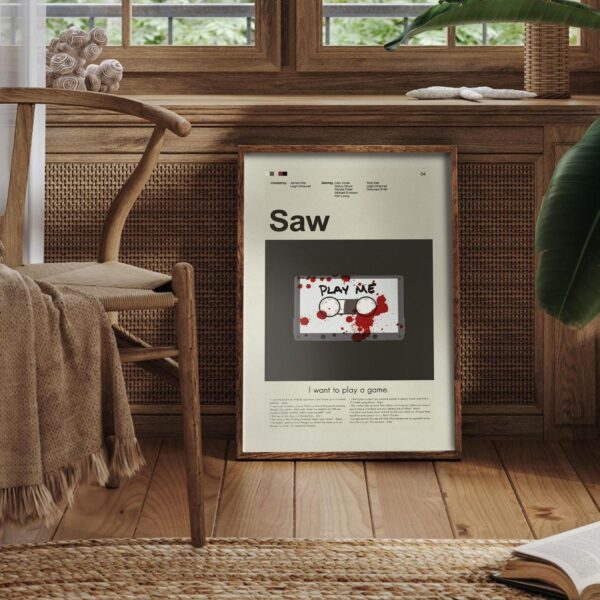 Mid-century modern style Saw movie poster featuring iconic house illustration
