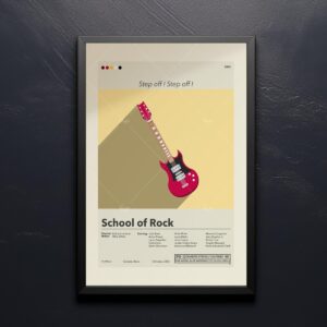 Mid-century modern style School of Rock movie poster with vintage furniture design