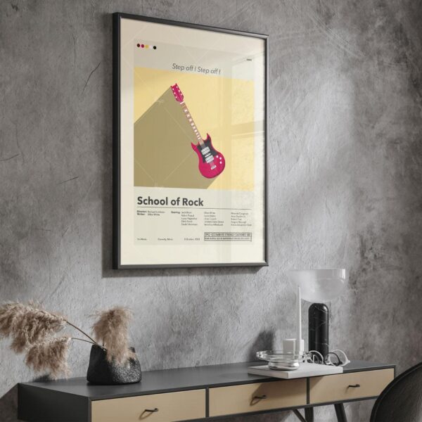 Mid-century modern style School of Rock movie poster with vintage furniture design