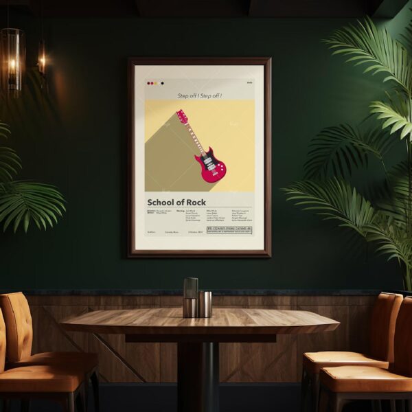 Mid-century modern style School of Rock movie poster with vintage furniture design