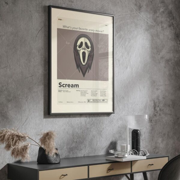 Mid-century modern style poster of the Scream movie iconic mask
