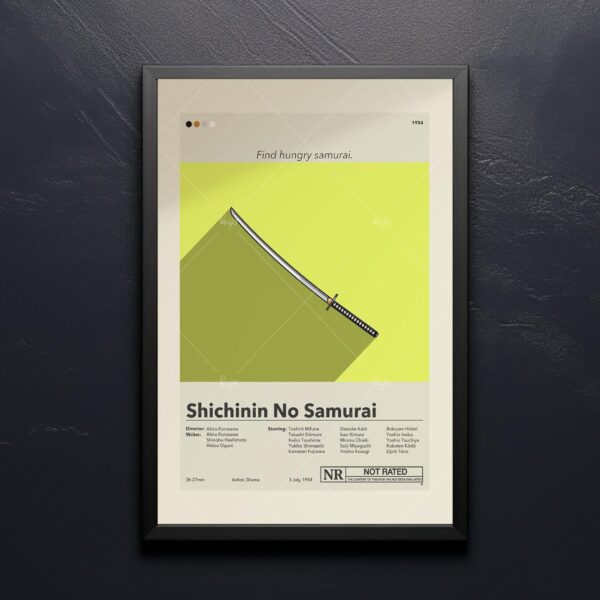 Mid-century modern movie poster print of Seven Samurai film artwork