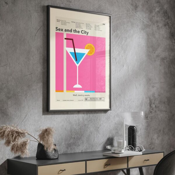 Mid-century modern style Sex and the City movie poster with house illustration