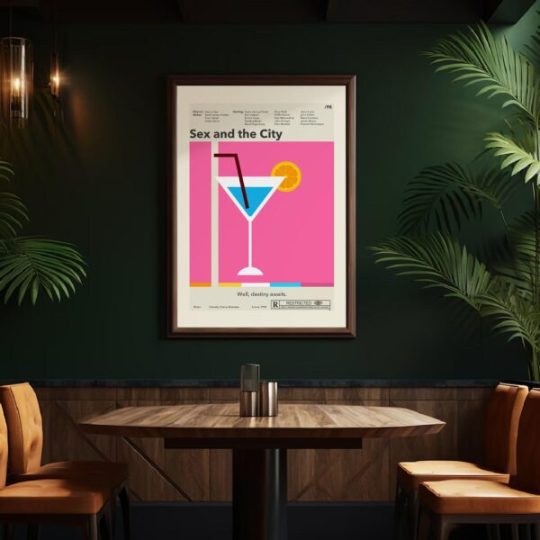 Mid-century modern style Sex and the City movie poster with house illustration