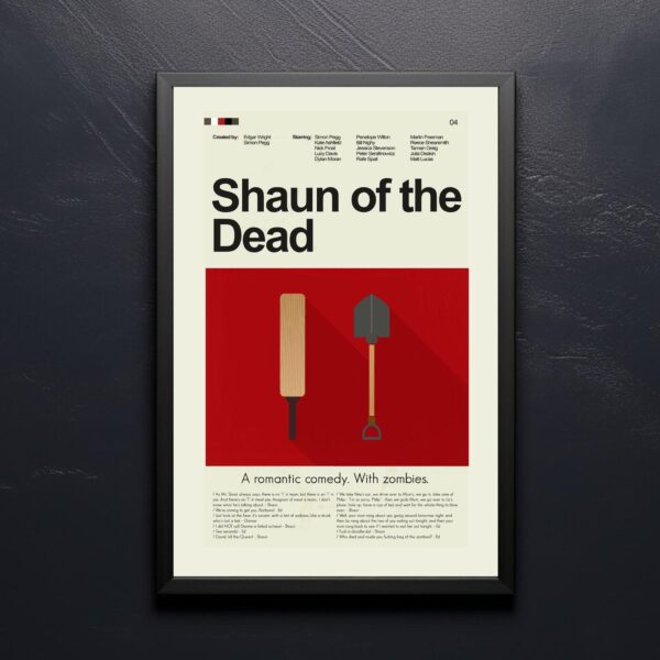 Mid-century modern style Shaun of the Dead movie poster with house illustration