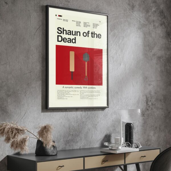 Mid-century modern style Shaun of the Dead movie poster with house illustration