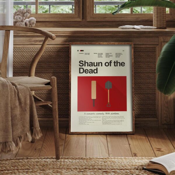 Mid-century modern style Shaun of the Dead movie poster with house illustration