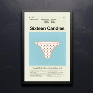 Mid-century modern Sixteen Candles movie poster featuring a stylish house illustration
