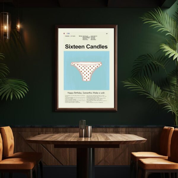 Mid-century modern Sixteen Candles movie poster featuring a stylish house illustration