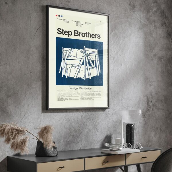 Mid-century modern Step Brothers movie poster featuring iconic house design