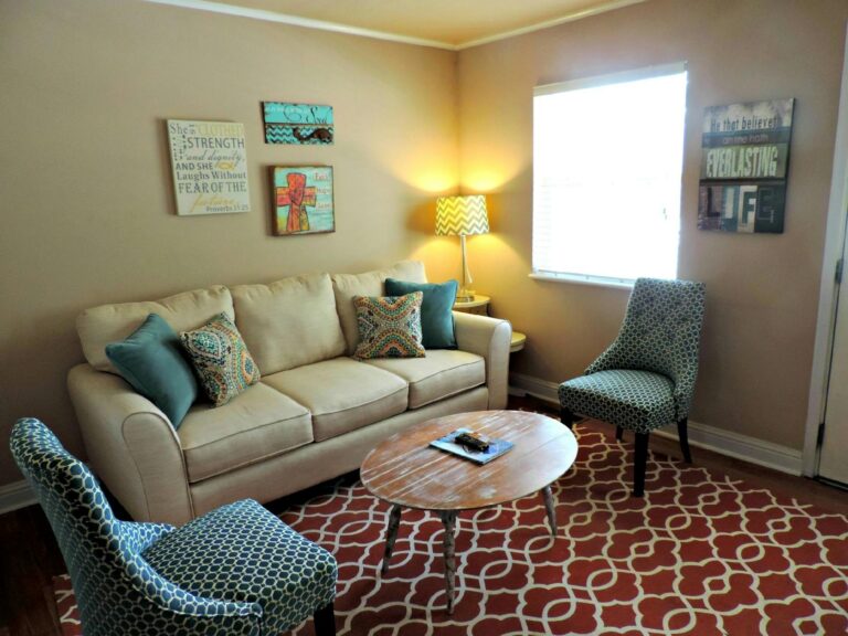Mid-century modern abstract art styled in a contemporary home