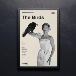 Mid-century modern poster of The Birds movie with house and birds