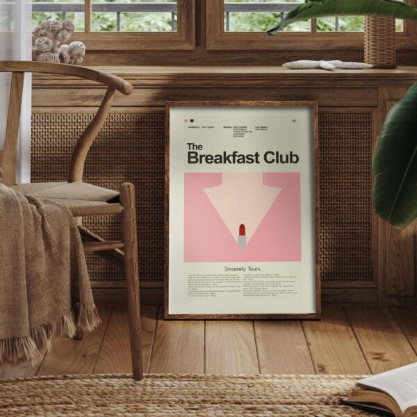 Mid-century modern style poster of The Breakfast Club movie with vintage furniture