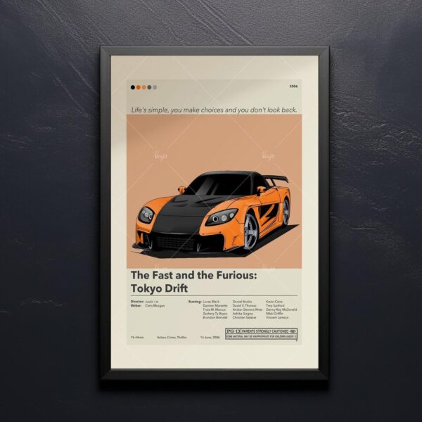 Mid-century modern graphic poster of The Fast and the Furious Tokyo Drift movie