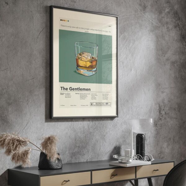 Mid-century modern poster of The Gentlemen movie with house design elements