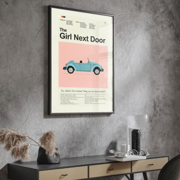 Mid-century modern poster of The Girl Next Door movie graphic artwork