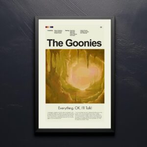 Mid-century modern style poster of The Goonies movie with house illustration