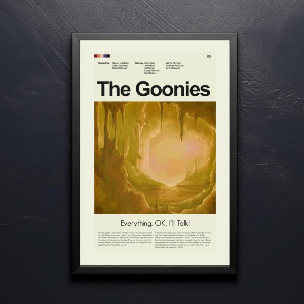 Mid-century modern style poster of The Goonies movie with house illustration
