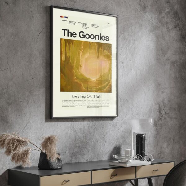 Mid-century modern style poster of The Goonies movie with house illustration