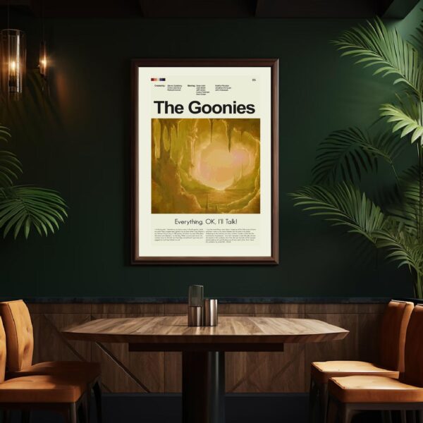 Mid-century modern style poster of The Goonies movie with house illustration