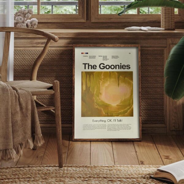Mid-century modern style poster of The Goonies movie with house illustration