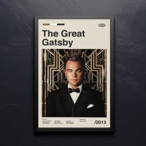 Mid-century modern style Great Gatsby movie poster with house illustration
