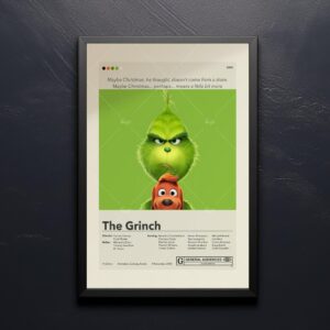 Mid-century modern Grinch movie poster print with vintage style graphics