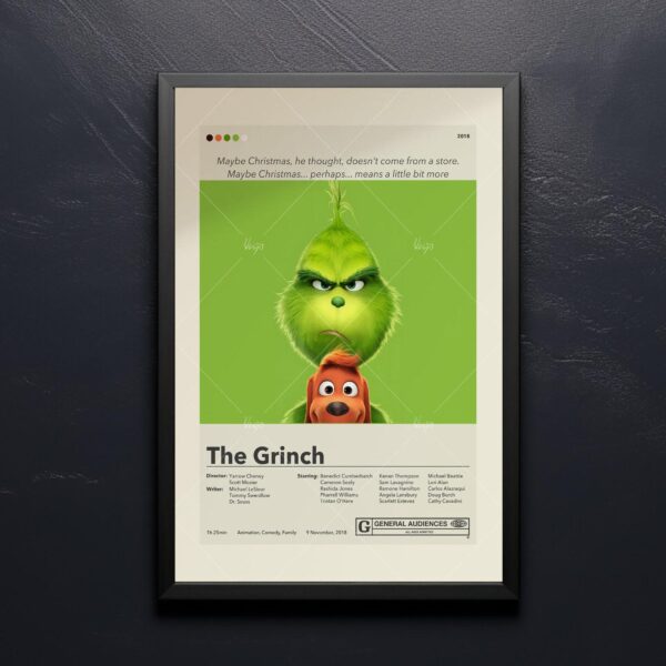 Mid-century modern Grinch movie poster print with vintage style graphics