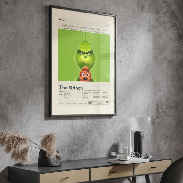 Mid-century modern Grinch movie poster print with vintage style graphics
