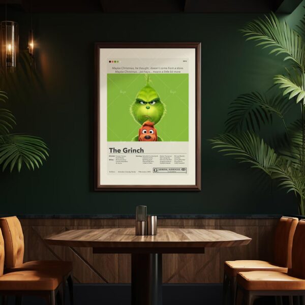 Mid-century modern Grinch movie poster print with vintage style graphics