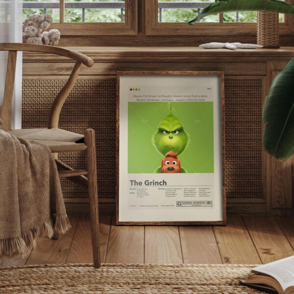 Mid-century modern Grinch movie poster print with vintage style graphics