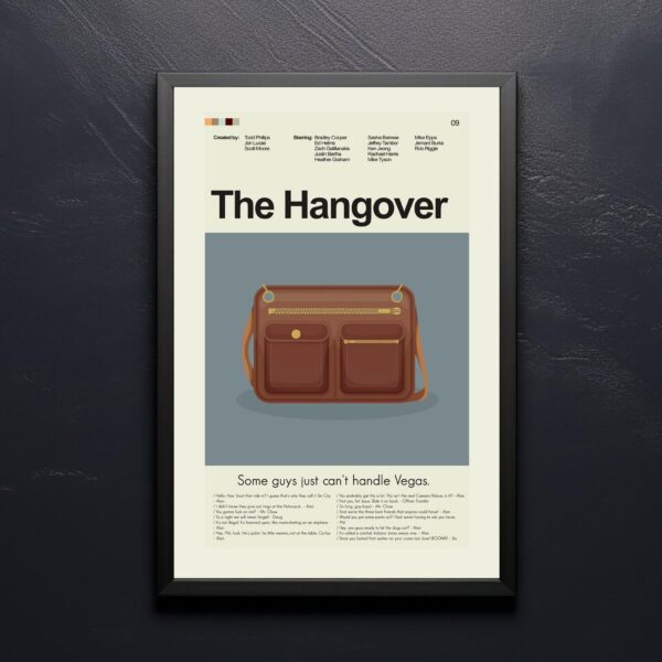 Mid-century modern style poster of The Hangover movie with vintage furniture