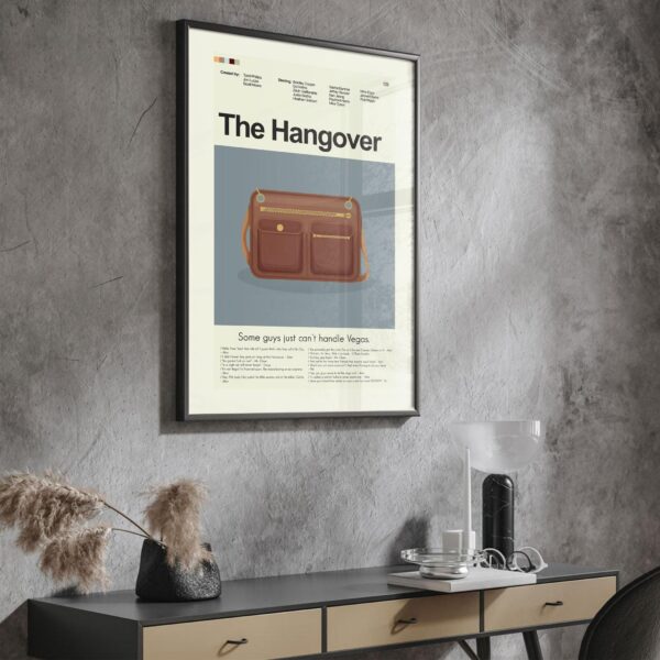Mid-century modern style poster of The Hangover movie with vintage furniture