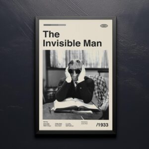 Mid-century modern poster of The Invisible Man movie with vintage house design
