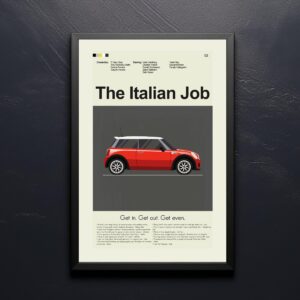 Mid-century modern Italian Job movie poster art with vintage car design
