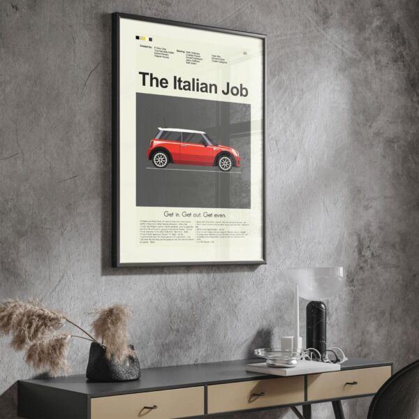 Mid-century modern Italian Job movie poster art with vintage car design