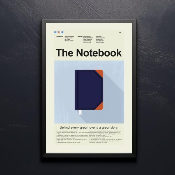 Mid-century modern poster of The Notebook movie with stylized house design