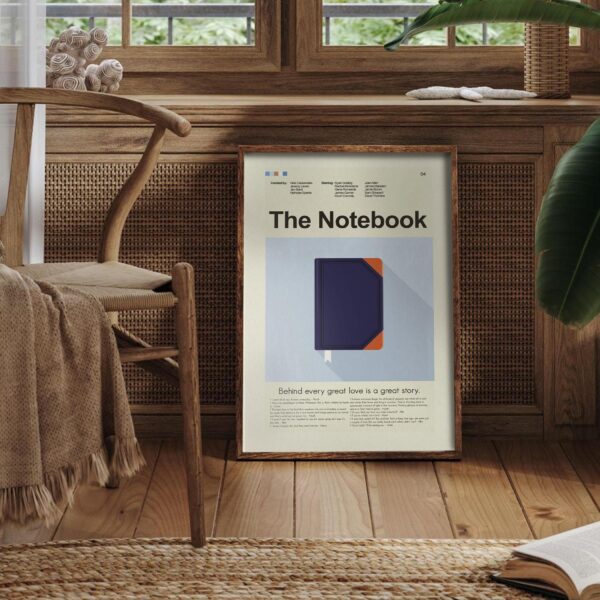 Mid-century modern poster of The Notebook movie with stylized house design