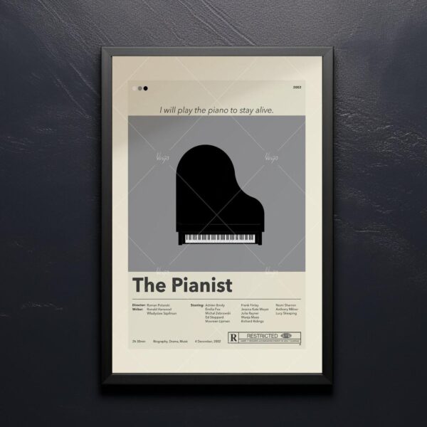 Mid-century modern style The Pianist movie poster with vintage furniture design