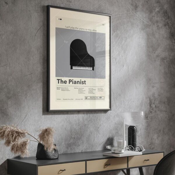 Mid-century modern style The Pianist movie poster with vintage furniture design