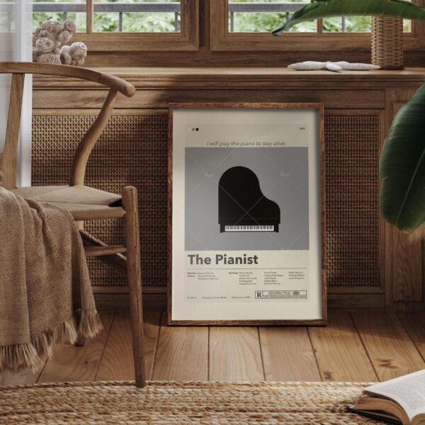 Mid-century modern style The Pianist movie poster with vintage furniture design