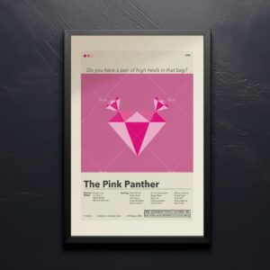 Mid-century modern Pink Panther movie poster art with stylized pink panther illustration