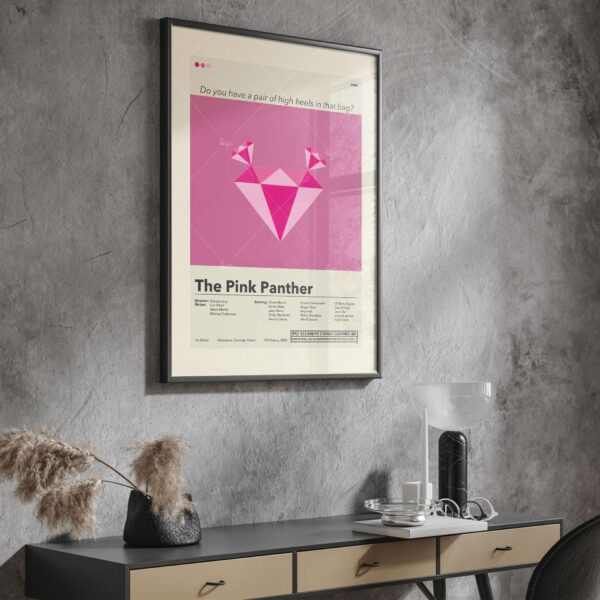Mid-century modern Pink Panther movie poster art with stylized pink panther illustration