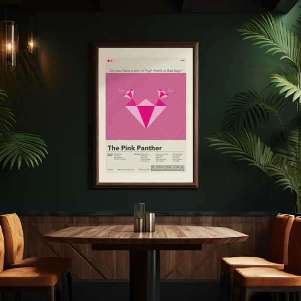 Mid-century modern Pink Panther movie poster art with stylized pink panther illustration