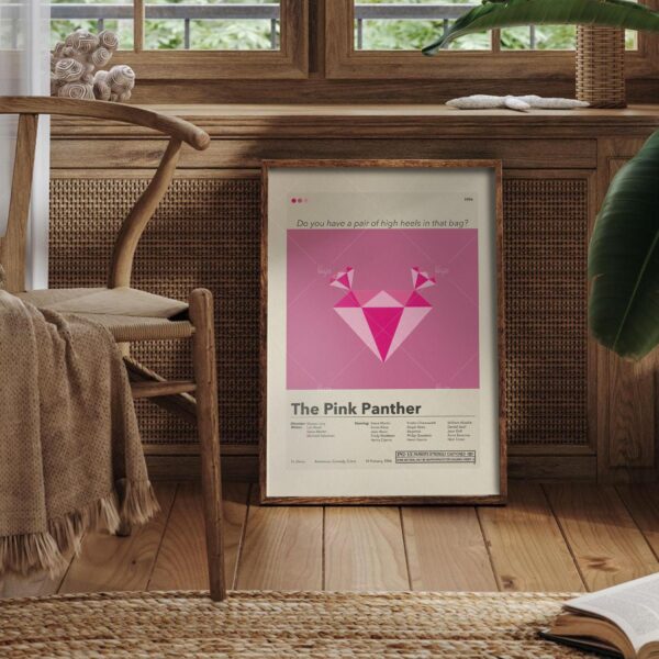 Mid-century modern Pink Panther movie poster art with stylized pink panther illustration