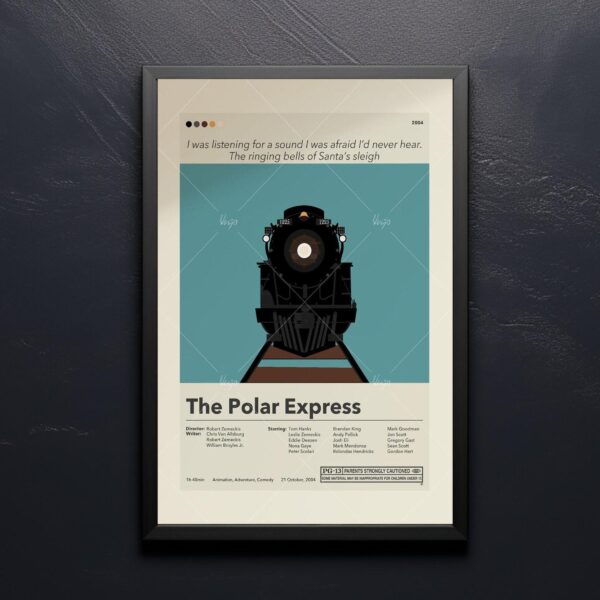 Mid-century modern style Polar Express movie poster with vintage furniture design