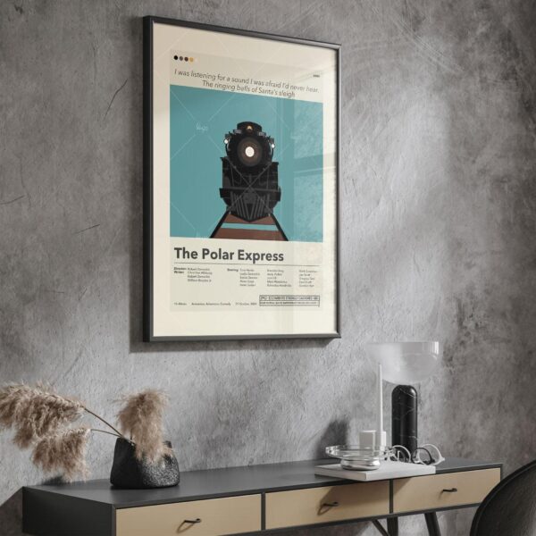 Mid-century modern style Polar Express movie poster with vintage furniture design